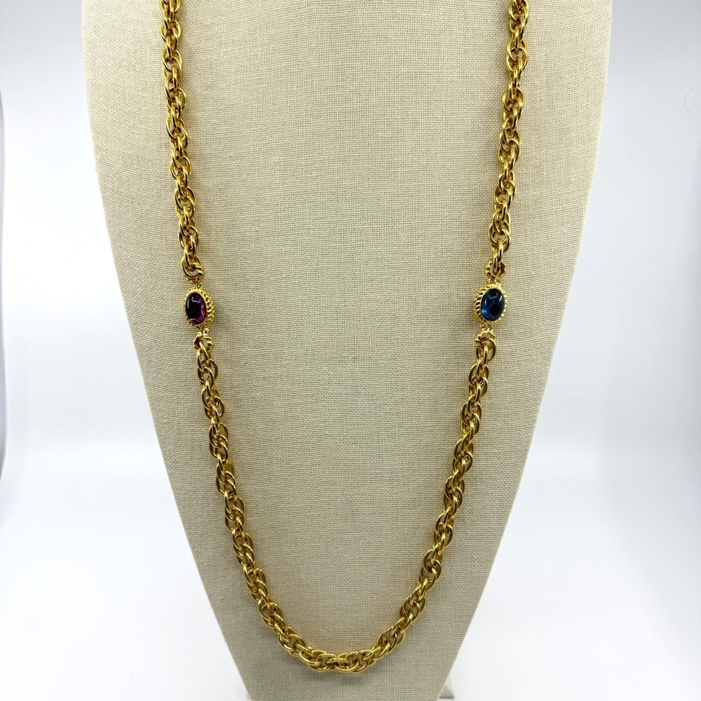 Gold Tone Chunky Chain Link Necklace Multi-Color Cabochon Statement Boho Jewelry